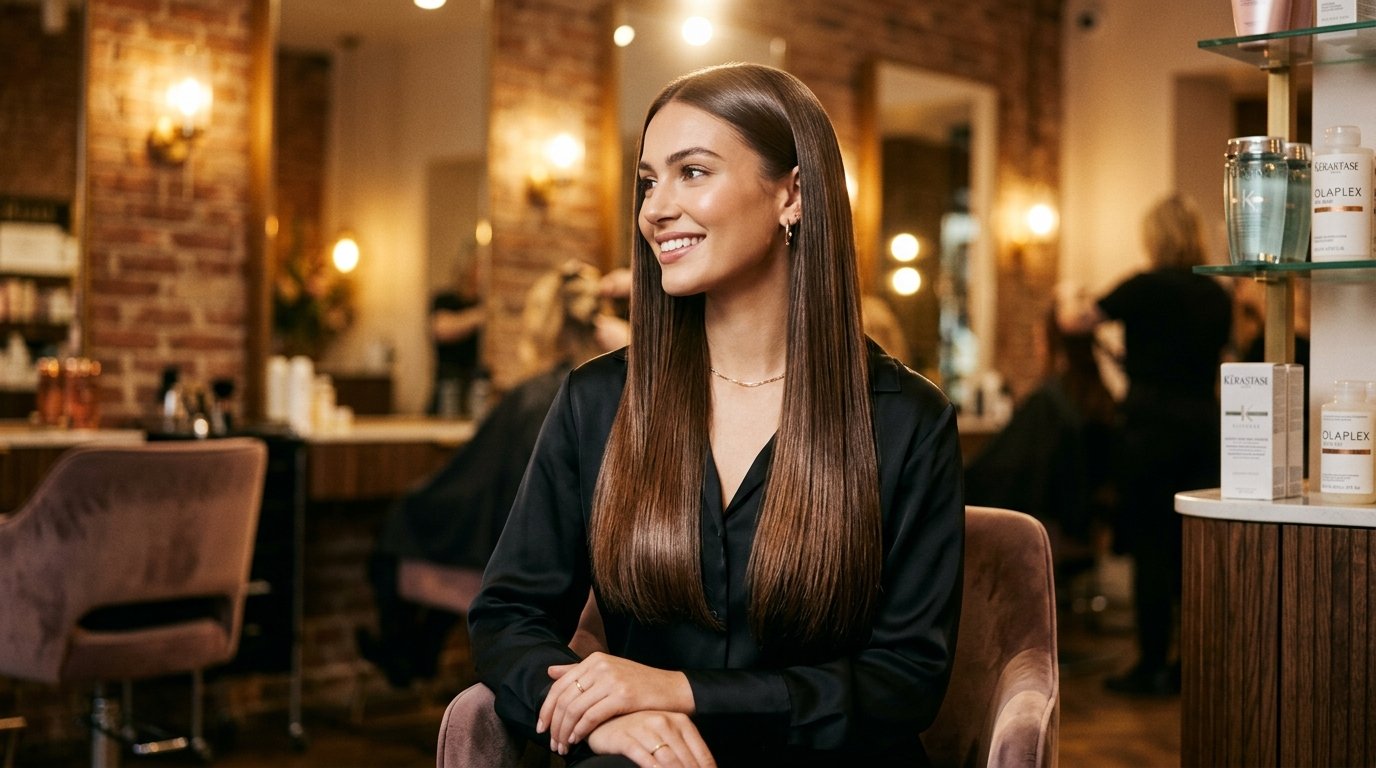 Professional salon hair treatment results showcasing glossy hair
